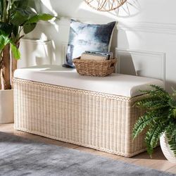 Barid Braided Natural Rattan Storage Bench, Rectangle by Bali & Pari in Natural (Size ONE SIZE)