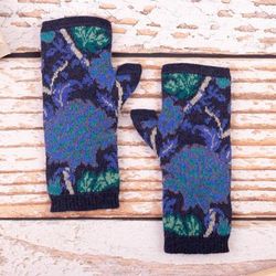 Andean Blooms,'Baby Alpaca Floral and Leaf Knit Fingerless Mittens in Blue'