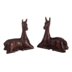'2 Hand-Carved Cedar Wood Figurines of Resting Andean Vicunas'