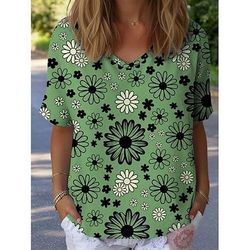 Per donna Maglietta Floreale Grafico Piante Vintage Elegante Classico Manica Corta Scollo a V Top Regolari Quotidiano Weekend Stampato Bianco Giallo Blu Verde Estate