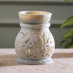 'Elephant Floral Leaf-Themed Openwork Soapstone Oil Warmer'