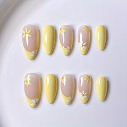 TEMU 10pcs French Manicure Almond Shaped Nail Art - Yellow With Delicate , Glossy Finish, Nail Art Accessories | Floral Nail Art | Glossy Finish Nails, Nail Decorations