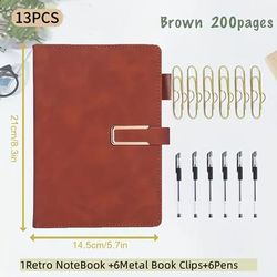 TEMU 13pcs Set Includes 1 Vintage A5 Notebook + 6 Metal Clips + 6 Pens, 200-page Multicolor Softcover Diary. Suitable For Office Use, Meeting Notes, And An Ideal Gift For Graduates Or /father's Day