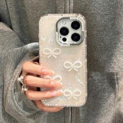TEMU Luxury 3d Pearl Bow Glitter Rhinestone Shell Pattern Phone Case For Iphone 16 15 14 Pro Max Stylish Bling Back Cover