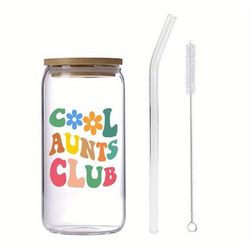 TEMU Club Glass Mason Jar Cup - Reusable 16oz Borosilicate Glass With Pattern - Hand Wash Only -, Food Grade - Ideal For Drinks - Perfect Gift For Aunt On Day, Birthday, Christmas