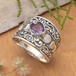 'Classic Balinese-Inspired Faceted Amethyst Single Stone Ring'
