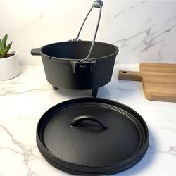 TEMU Cast Iron 3 Litre Dutch Oven Pre- Cooking Pot With 3 Feet | Spiral Handle | Ideal For Camping, Cooking, Baking And Frying