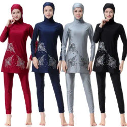 S-3XL mince à capuche 2 pièces maillot de bain musulman Burkini femmes dames couverture complète modeste couleur unie impression séchage rapide