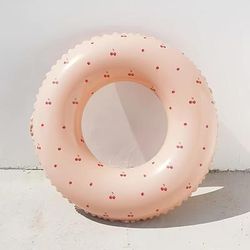 TEMU Adorable Cherry Print Inflatable Swim Ring - 2 Different Sizes, Pink With Red Cherries, Pool, Beach, Or Room Decor