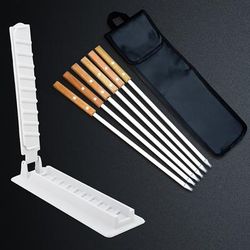 TEMU 6pcs Stainless Steel Barbecue Skewers + 1pc Meat Pressing Mold Set, Long-handled Barbecuing Sticks, Wooden Handles, Bbq Needles With Storage Bags For Outdoor Grilling And Kitchen Supplies