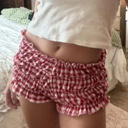 Retro Y2K Cute Knickers Bottom Women Kawaii Loungewear Fairy 90s Vintage Plaid Shorts Elastic Slim Fit Bloomers Pants