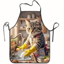 TEMU 1pc Cat Apron With Cute Gray Tabby Kitten & Colorful Apron Design - Durable Polyester Sleeveless Kitchen Apron For Baking, Cooking, Pet Lovers - Accessory, Cute Apron
