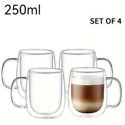 TEMU 4pcs Insulated Glass Coffee Mugs With Handles - Clear, Non-slip, Latte, Cappuccino, Americano - Ideal For Valentine's Day, Day, Father's Day, Graduation Gift
