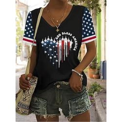 Maglietta Patriottica da Donna Grafica Piante Bandiera Americana Vintage Elegante Classica Maniche Corte Collo A V Regular Tops Stampa Quotidiana Week-end Nero Bianco Rosso Marrone Chiaro Blu