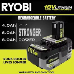 Batterie au lithium haute performance RYOBI ONE + 8,0 Ah, sans effet mémoire, faible auto-décharge,