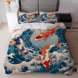 TEMU 3pcs Blue Wave And Koi Fish Print Bedding Set (1duvet Cover + 2pillowcase, Without Core) - Bedroom Decor