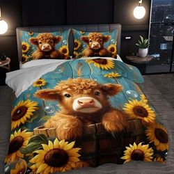 TEMU 2/3pcs Cute Scottish Highland Cow Sunflower Duvet Cover Set With 1 Duvet Cover + 1/2 Pillowcases Without Pillow Inserts, Home Dorm High-definition Print