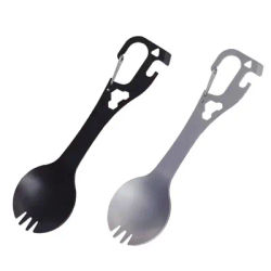 1PC Stainless Steel Camping Cutlery 2in1 Spoon Fork Bottle Can Opener Multifunctional Outdoor Tool with Carabiner Hiking Picnic