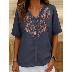 Camicia da donna in cotone e lino con ricamo di piante, elegante, vintage, moda, manica corta, scollo a V, top normali, per tutti i giorni, per uscire, fine settimana, ricamata, rosso, blu navy, marrone chiaro, estate, primavera