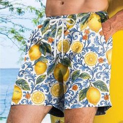 Per uomo Frutta Giallo limone Piante Tropicali Costumi da bagno Pantaloncini da mare Pantaloncini da Surf Misura del girovita medio Streetwear Hawaiano Vacanza Tasche Laterali fodera in rete Coulisse