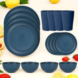 TEMU 16/32pcs Family Tableware Set, Plastic Is Not Easy To Break, Easy To Clean Material, Dark Blue All-match Tableware. Tableware Set Suitable For 4-8 People.