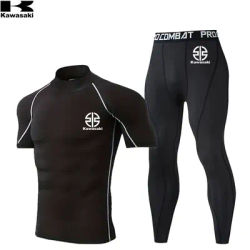 Kawasaki High-Necked Men's Thermal Shirt Pants Set Warm Bottom Compression Tights Sports Wear Men Running First Layer Clothing