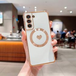 TEMU Electroplating Love Wireless Magnetic Charging Compatible, Suitable For S25 Ultra S25+s25 S24ultra S24+s24 S24fe Ultra Magnetic Side Plated Solid Heart Shaped Phone Case