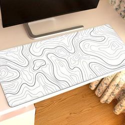 TEMU Large White Abstract Terrain Line Mouse Pad - Washable Non-slip Rubber Desk Mat For Office & Gaming, Stylish Black & , Perfect Gift For Holidays & Special Occasions