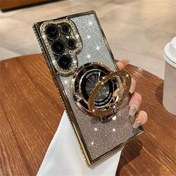 TEMU Glitter Gradient Rhinestone Magnetic Mirror Bracket Case For S25 S23 S22 Plus Fe A55 A35 A16 A56 A36 Girl
