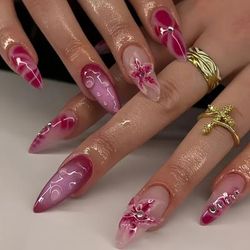 TEMU 24pcs Of 3d Flower And Gel Nails That Are Versatile And Cool, With Free Jelly Glue And Nail File, Suitable For All Women.