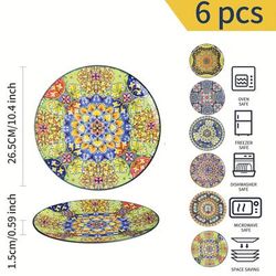 TEMU 6pcs Vintage Boho Chic Ceramic Dinner Plates - Hand-painted Underglaze, Round Steak & Salad Plates For Breakfast, Lunch, Dinner - Holiday Tableware, Plate Decor