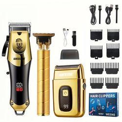 TEMU 3pcs/set Men's Hair Clipper Kit, Usb Rechargeable Beard Trimmer With Precision Adjustment, Lcd Display, Portable And For Home Use