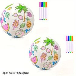 TEMU 10pcs Diy Inflatable Beach Ball Set With 2 Balls + 8 Pens, 30cm Colorful Painting Ball For Water Play, Sports, Balloon Lid And 4 Markers, Beach Toy Ball, Beach Accessories