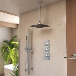 Randolph Morris Tranquil Rainfall Thermostatic Shower Set with Square Showerhead, Square Handshower, and Metal Cross Valve - Chrome RMAS-3TMC-SQHC-HSSQ-C