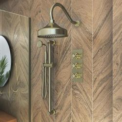 Randolph Morris Tranquil Rainfall Shower Set with Tranquil Rainfall Shower Head, Metal Cross Valve, Grab Bar and Gooseneck Handshower - Brushed Brass RMAS-3TMC-RRHGN-HSR-BB