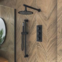 Randolph Morris Tranquil Rainfall Wall Mounted Shower Set with Tranquil Wall Mounted Rainfall Shower Head, Round Valve, Grab Bar and Wand Handshower - Matte Black RMAS-3TR-RH-HSW-MB