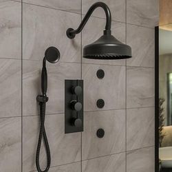 Randolph Morris Tranquill Rainfall Wall Mounted Shower Set with Shower Valve, Shower Head, Shower Arm, Handshower Holder, Handshower, Hose and Body Jet in Matte Black RMAS-3TR-RRHGN-HSW-3BSRR-MB