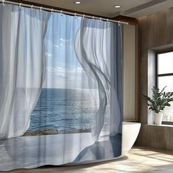 TEMU 1pc Shower Curtain With A View Of The An , Featuring White Semi-transparent Curtains And Polyester High-quality Bathroom Partition Without Holes