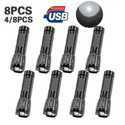TEMU 4/8pcs Mini Portable Led Flashlight: Usb Rechargeable, Abs Material, Outdoor Handheld Torch For Adventure, Emergency, Hiking, Fishing, Running, Camping