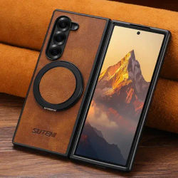 SUTENI Magnet Wireless Charging Phone Case Oil Wax Faux Leather 360° Rotating Stand Buckle For Samsung Galaxy Z Fold 7 6 5