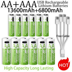 New 1.5V AA13600mAh/AAA6800mAh USB Type-C Rechargeable Lithium Battery for Hunting Camera Remote Control Mouse Smart Door Lock