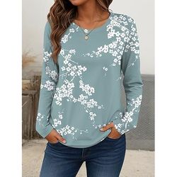 Maglietta da donna a maniche lunghe con scollo tondo tunica floreale grafica piante vintage elegante casual top regolari stampa quotidiana blu blu polveroso viola verde estate