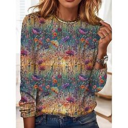 T-shirt da donna maniche lunghe collo girotondo maniche lunghe tunica grafica floreale piante elegante stilosa top regolari quotidiani uscita weekend stampa verde chiaro blu viola arancione marrone