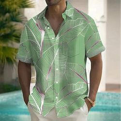 Camicia hawaiana estiva da uomo Ouku con bottoni, a maniche corte, con motivo a foglie di palma e piante tropicali, per resort hawaiano, per vacanze, abbigliamento da spiaggia, estate e primavera, con colletto rovesciato, una tasca frontale, rosa e...