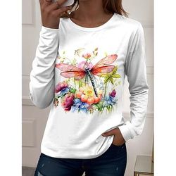 T-shirt da donna manica lunga a girocollo tunica grafica animale piante vintage stiloso casual top regolari per uso quotidiano stampa giallo rosa verde autunno