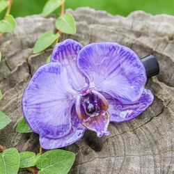 'Bohemian Floral Resin-Coated Natural Purple Orchid Hair Clip'