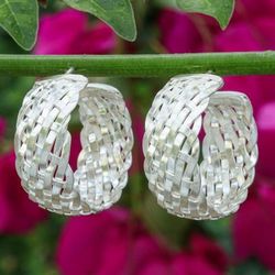 Woven Beauty,'Woven-Textured Silver Half-Hoop Earrings from Thailand'