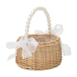 Cesto di fiori in vimini con manico Manico di perle Fiocco di nastro Cesto di petali di nozze Decorazioni di nozze romantiche Cesto di Pasqua intrecciato a mano