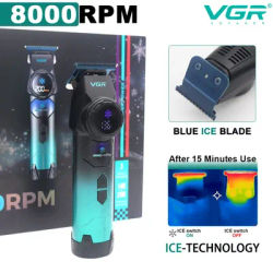 VGR V-946 Ice Tech Barber Trimmer Machine DLC T Blade Zero Gap 8000RPM Brushless Metal Blue Ceramic Clipper For Haircut Barber