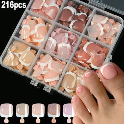 216 pièces 9 couleurs presse sur les ongles français conseils blanc français faux ongles nus/rose/marron brillant couverture complète acrylique ongles Diy9